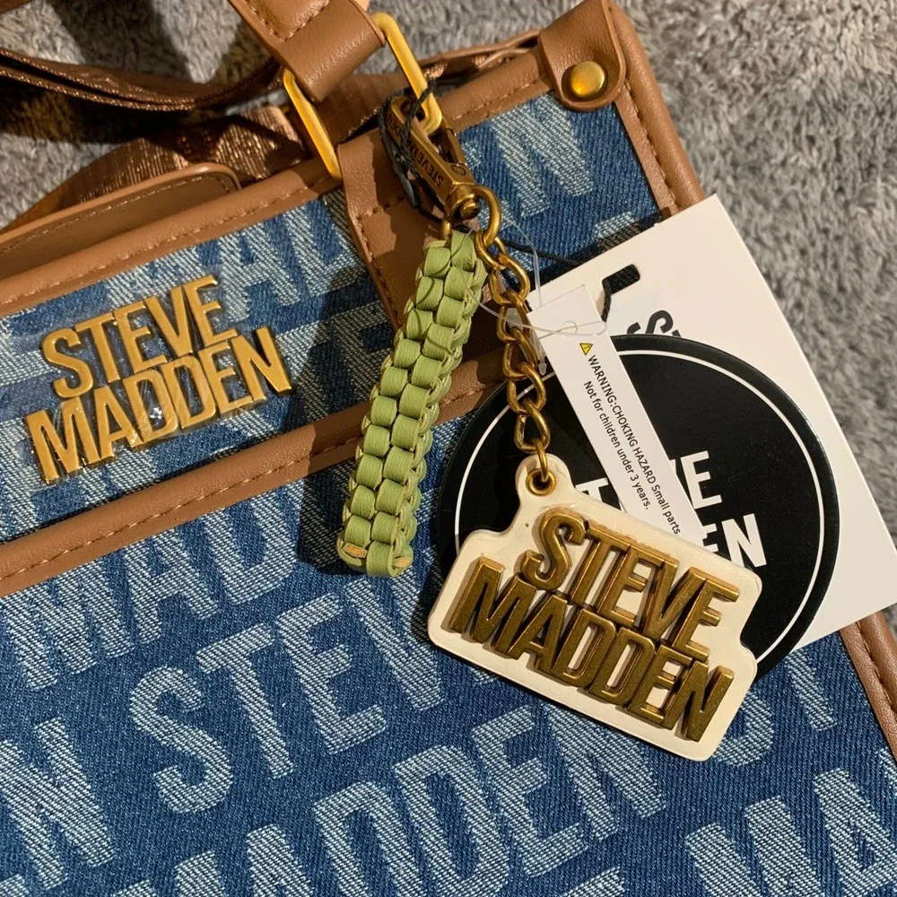 Steve Madden Womens Logo Print Denim Crossbody Bag Mini Tote Tan Blue NWT - Picture 2 of 9